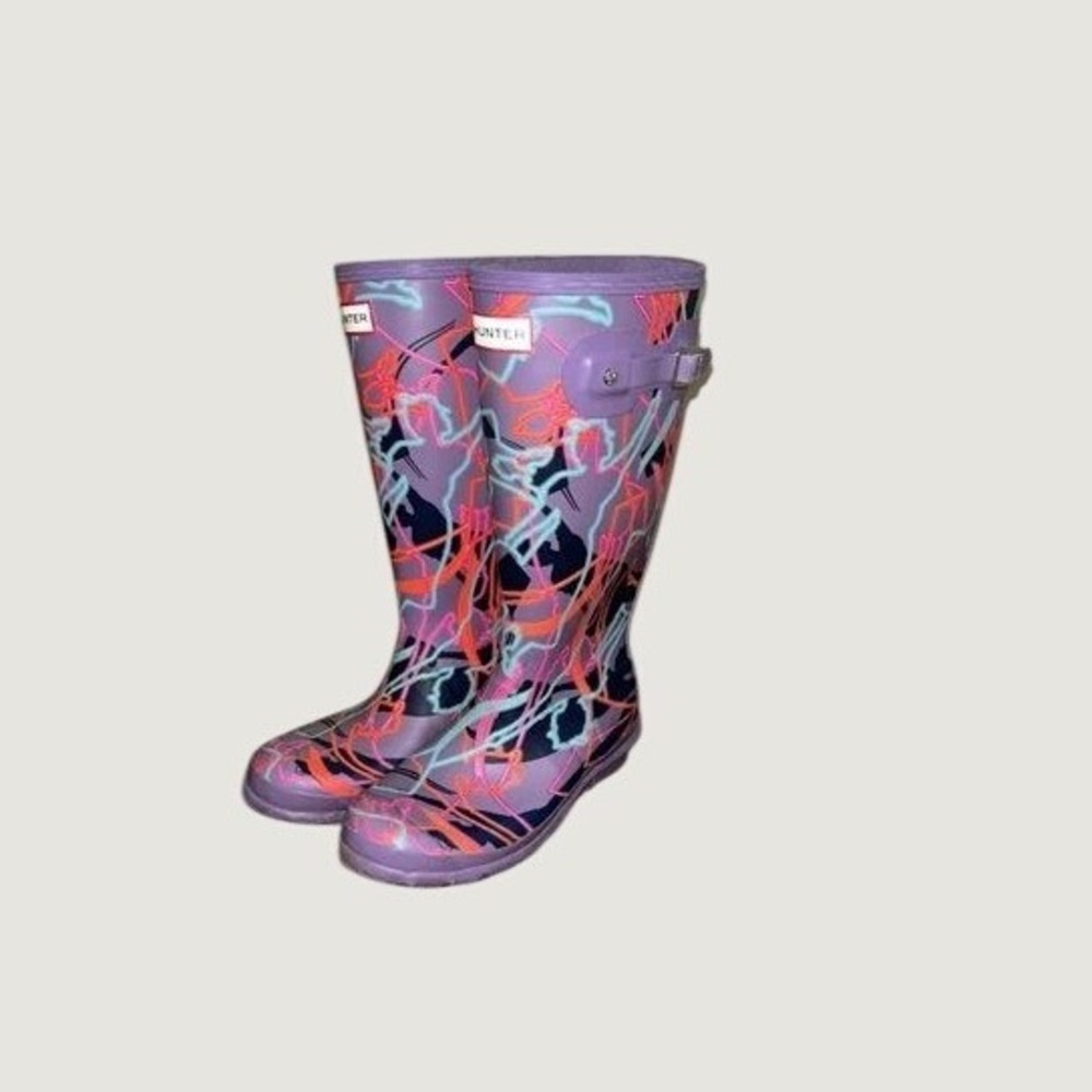 Hunter Disney Mary Poppins Tall Rain Boots Purple Neon Print US 4B/5G UK 3 EU 36